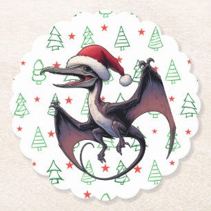 Christmas Santa hat pterodactyl Paper Coaster