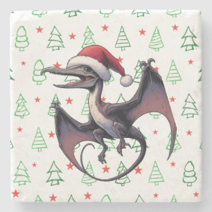 Christmas Santa hat pterodactyl Stone Coaster