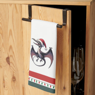 Christmas Santa hat pterodactyl Tea Towel