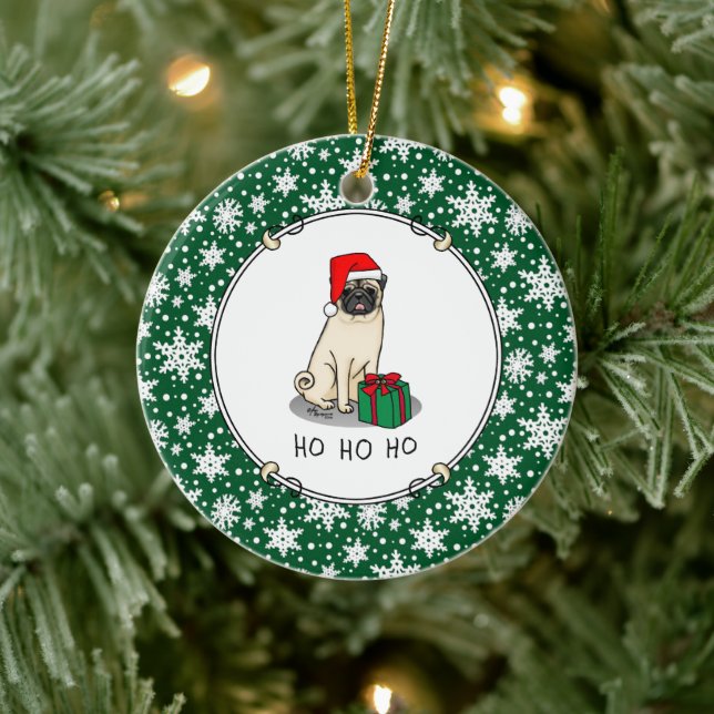 Christmas Santa Hat Pug Dog (light fawn) Cute Ceramic Tree Decoration (Tree)