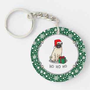 Christmas Santa Hat Pug Dog (light fawn) Cute Key Ring