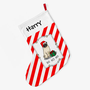 Christmas Santa Hat Pug Dog (light fawn) Cute Large Christmas Stocking