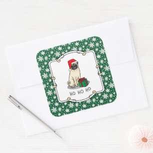 Christmas Santa Hat Pug Dog (light fawn) Cute Square Sticker