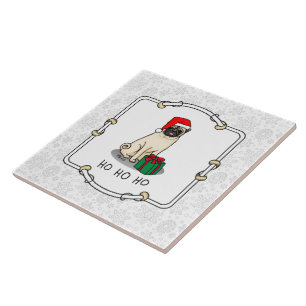 Christmas Santa Hat Pug Dog (light fawn) Cute Tile