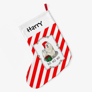 Christmas Santa Hat Puli Dog (white) Cute Funny Large Christmas Stocking