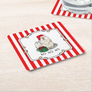 Christmas Santa Hat Puli Dog (white) Cute Funny Square Paper Coaster