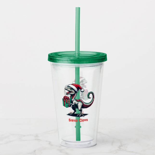 Christmas Santa hat raptor  Acrylic Tumbler (Front)