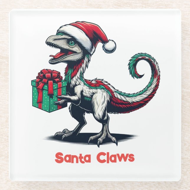Christmas Santa hat raptor  Glass Coaster (Front)