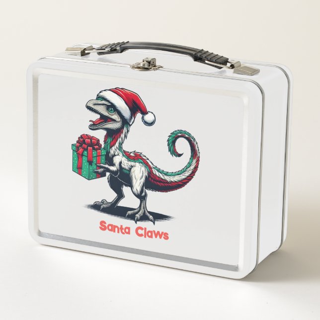 Christmas Santa hat raptor  Metal Lunch Box (Front)