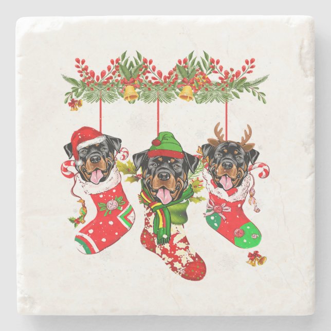 Christmas Santa Hat Rottweiler Dog Xmas Lights Stone Coaster (Front)