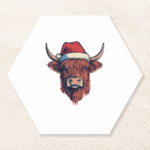 Christmas Santa Hat Scottish Highland Cow for Cow Paper Coaster
