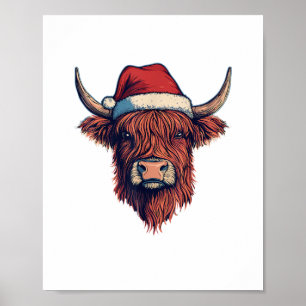 Christmas Santa Hat Scottish Highland Cow for Cow Poster