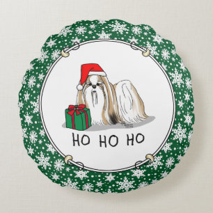Christmas Santa Hat Shih Tzu (tan white) Dog Cute Round Cushion