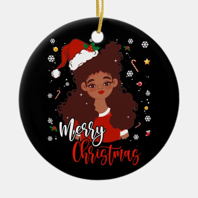 Christmas Santa Hat Shirt Black African American Ceramic Tree Decoration (Front)