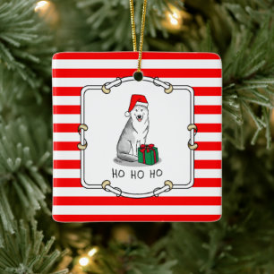 Christmas Santa Hat Siberian Husky (silver) Cute Ceramic Ornament