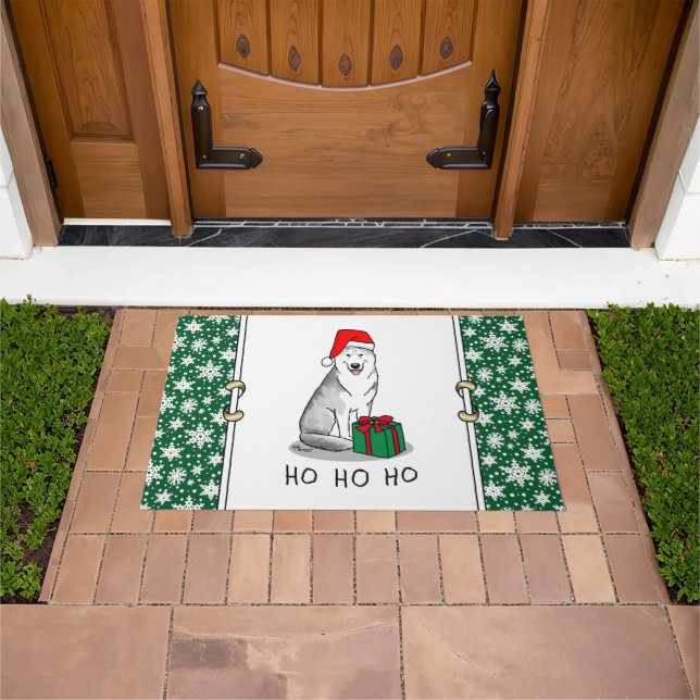 Christmas Santa Hat Siberian Husky (silver) Cute Doormat (Outdoor)