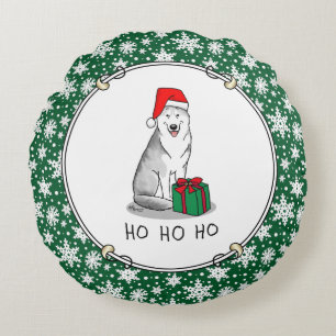 Christmas Santa Hat Siberian Husky (silver) Cute Round Cushion