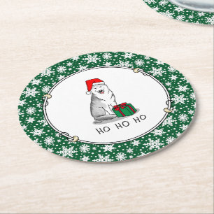 Christmas Santa Hat Siberian Husky (silver) Cute Round Paper Coaster