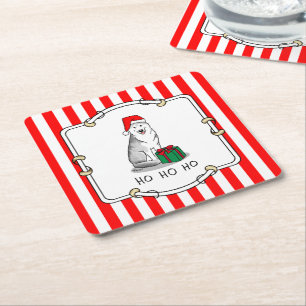 Christmas Santa Hat Siberian Husky (silver) Cute Square Paper Coaster