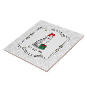 Christmas Santa Hat Siberian Husky (silver) Cute Tile