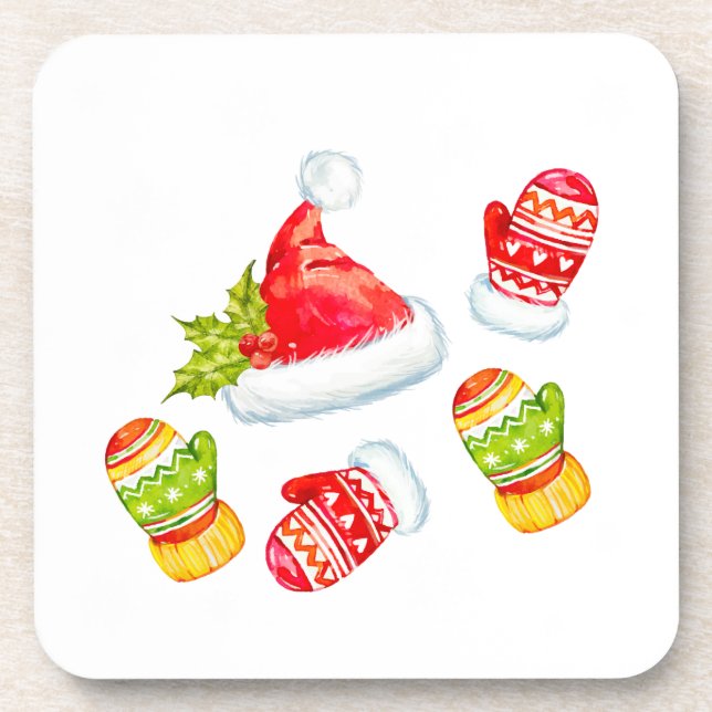 Christmas Santa Hat, Snowflakes, and Mitten Coaster (Front)