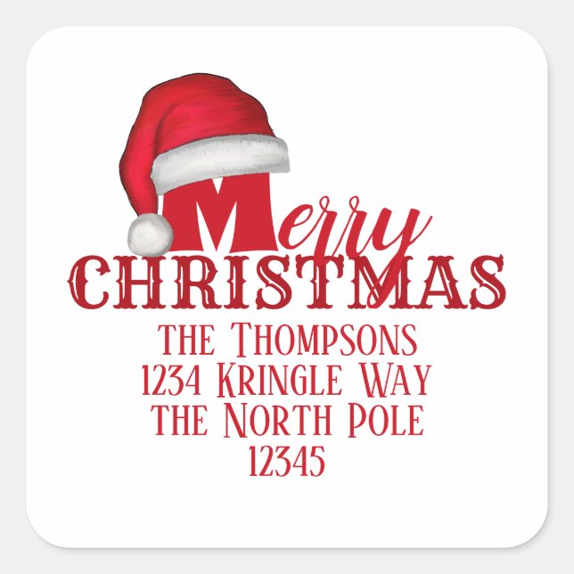 Christmas Santa Hat Whimsical Return Address Square Sticker (Front)