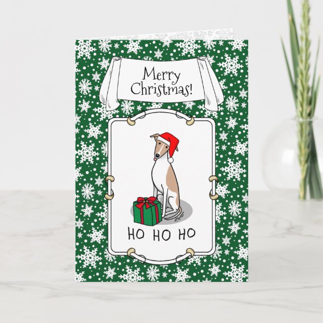 Christmas Santa Hat Whippet Dog Fawn & white Cute Card (Front)
