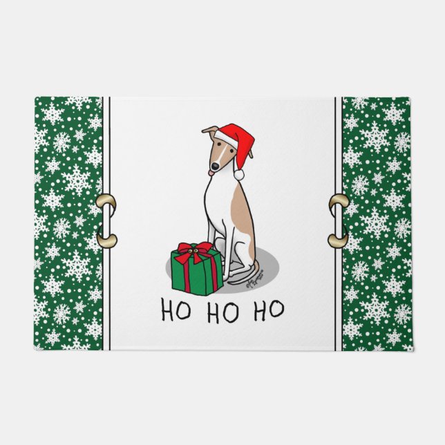 Christmas Santa Hat Whippet Dog Fawn & white Cute Doormat (Front)