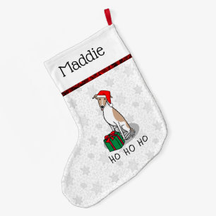 Christmas Santa Hat Whippet Dog Fawn & white Cute Large Christmas Stocking