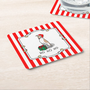 Christmas Santa Hat Whippet Dog Fawn & white Cute Square Paper Coaster