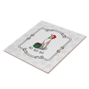 Christmas Santa Hat Whippet Dog Fawn & white Cute Tile