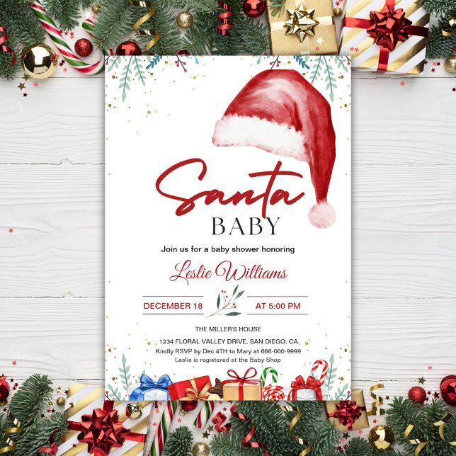 Christmas Santa Hat Winter Baby Shower Invitation (Santa Hat Christmas Baby Shower Invitation)