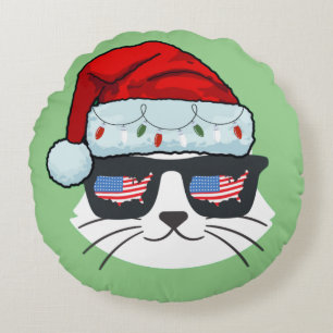 Christmas Santa Hat With Cat Face Usa Flag Spets Round Cushion