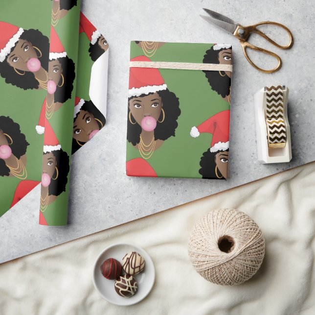 Christmas Santa Hats, Black Women, Bubblegum Green Wrapping Paper (Crafts)