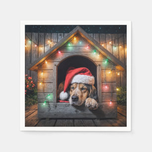 Christmas Santa Hound Dog In Doghouse Napkin