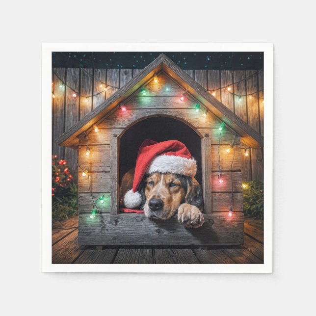 Christmas Santa Hound Dog In Doghouse Napkin (Front)