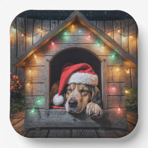 Christmas Santa Hound Dog In Doghouse Paper Plate