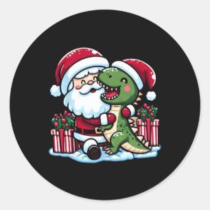 Christmas Santa Hugging T Rex Dinosaur In Santa Ha Classic Round Sticker
