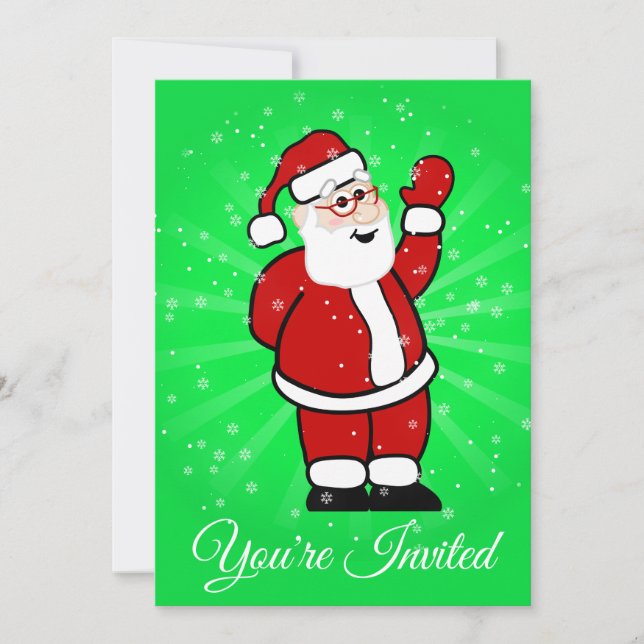 Christmas Santa in Red Suit Green Background Snow Invitation (Front)