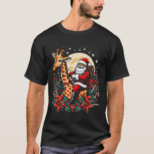 Christmas Santa is Riding A Giraffe tree design  T-Shirt