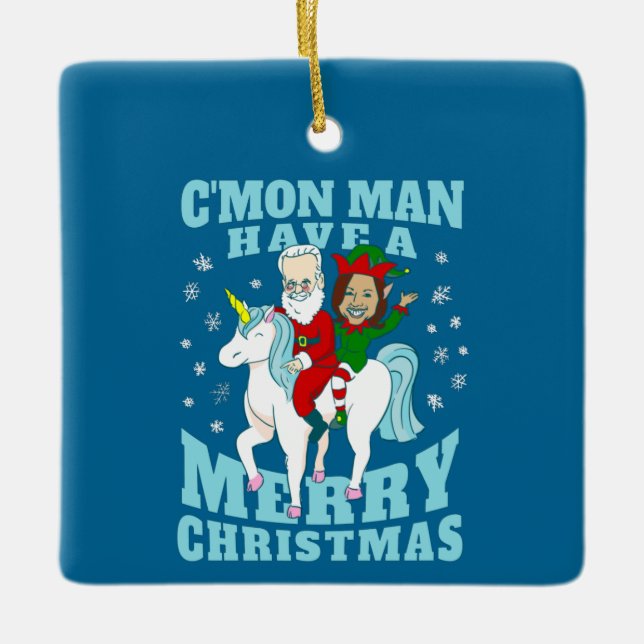 christmas santa joe biden kamala harris unicorn ceramic ornament (Front)