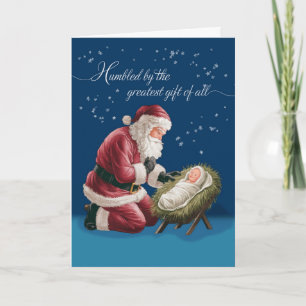 Christmas Santa Kneeling in Front of Baby Jesus Card