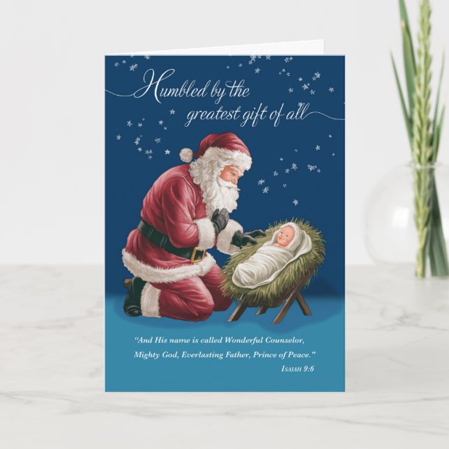 Christmas Santa Kneeling in Front of Baby Jesus Card (Front)