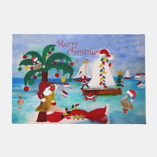 Christmas Santa mermaid coastal boat parade doorma Doormat (Front)