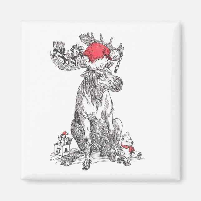 Christmas Santa Moose Sitting with Gifts Designed Magnet (Front)