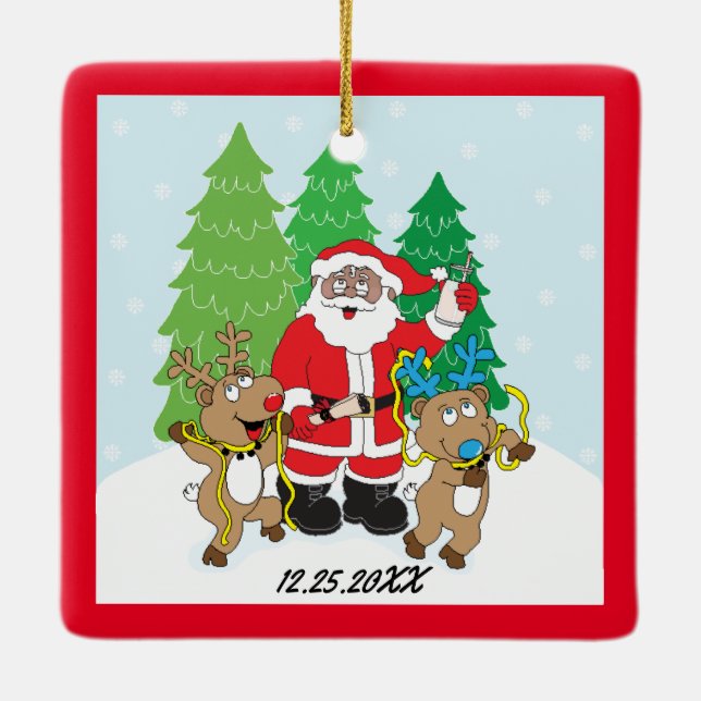 Christmas Santa of Colour Reindeers Ceramic Ornament (Back)