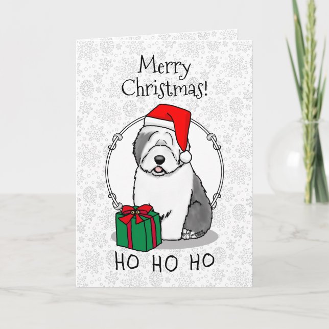 Christmas Santa Old English Sheepdog (Grey 1) Cute Card (Front)