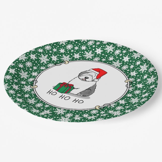 Christmas Santa Old English Sheepdog (Grey 1) Cute Paper Plate (Angled)