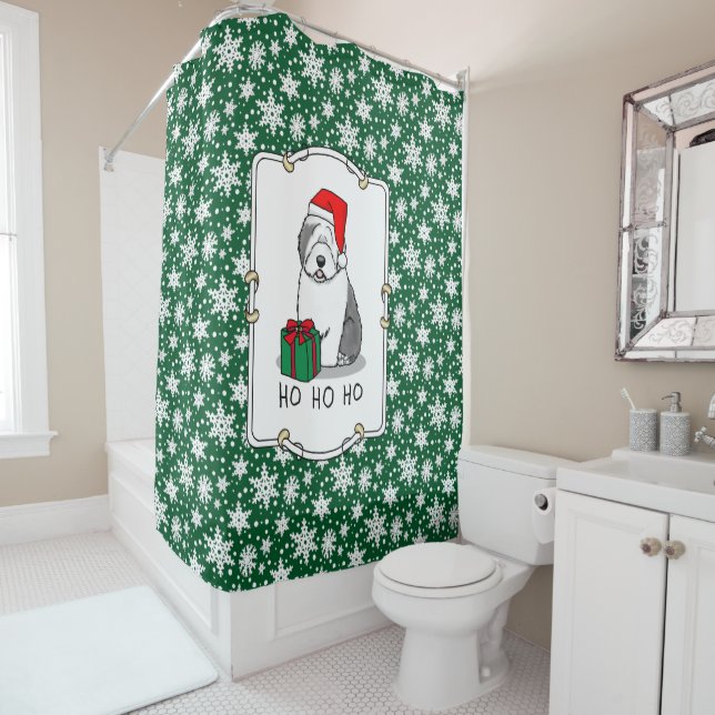 Christmas Santa Old English Sheepdog (Grey 1) Cute Shower Curtain (In Situ)