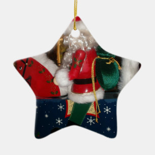 Christmas Santa on a Horse with Snow Art Print Ceramic Tree Decoration